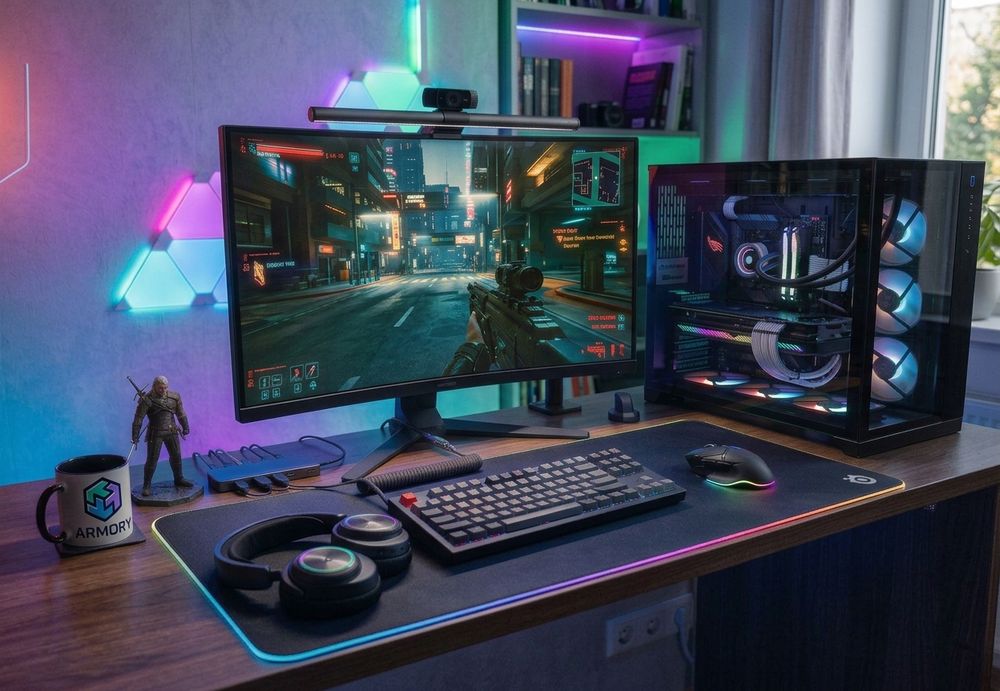 ARMORY gaming setup: a curved monitor, a PC with lighting, a keyboard, a mouse and a headset on a desk